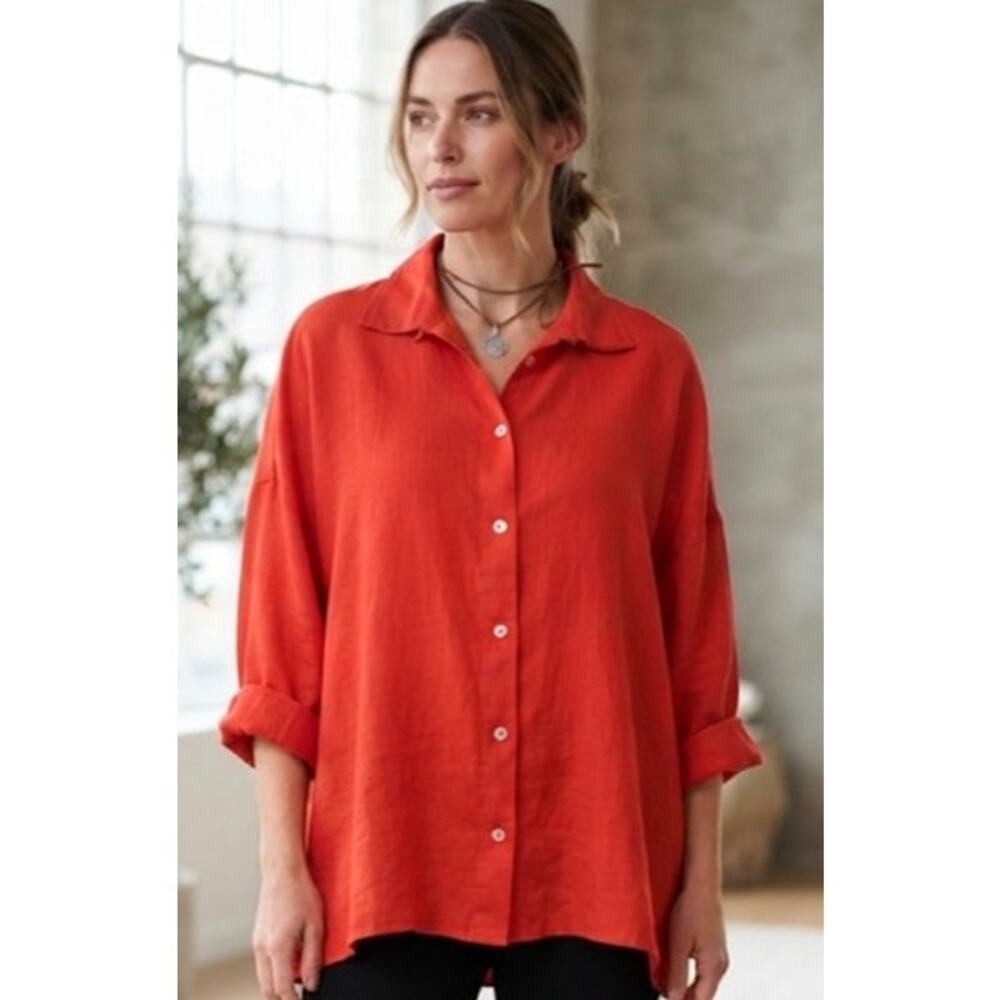 Jewel Toffier Vibrant Lagenlook Linen Button Up Blouse with Unique Double Collar